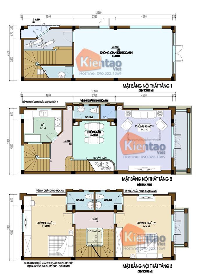 Mặt bằng tầng 1+2+3 - Nhà 5 tầng kiểu Pháp