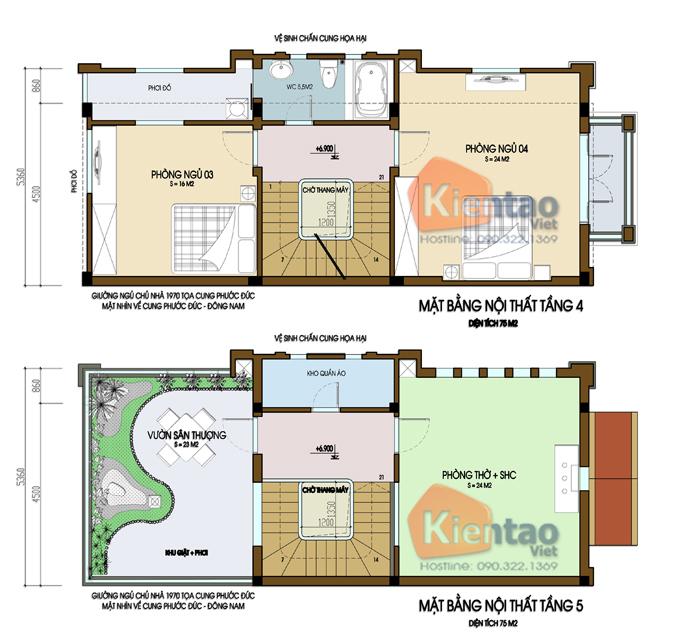 Mặt bằng tầng 4+5 - Nhà kiểu ống 5 tầng kiểu Pháp