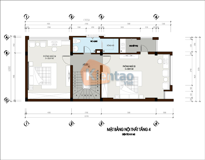 Tầng 4 phương án thiết kế bản vẽ nhà kiểu ống cao 5 tầng khu Đại Thanh